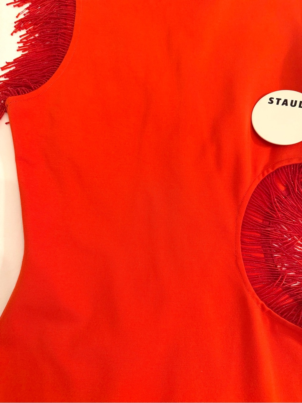 STAUD Mini Kirsten Dress in Fire Red Long-Sleeve with Fringe Cutouts Size Small - Picture 13 of 15